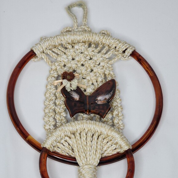Macrame VTG Towel Holder with Ceramic Butterfly Holder 2 4" Wall Hanging Boho - Picture 2 of 12